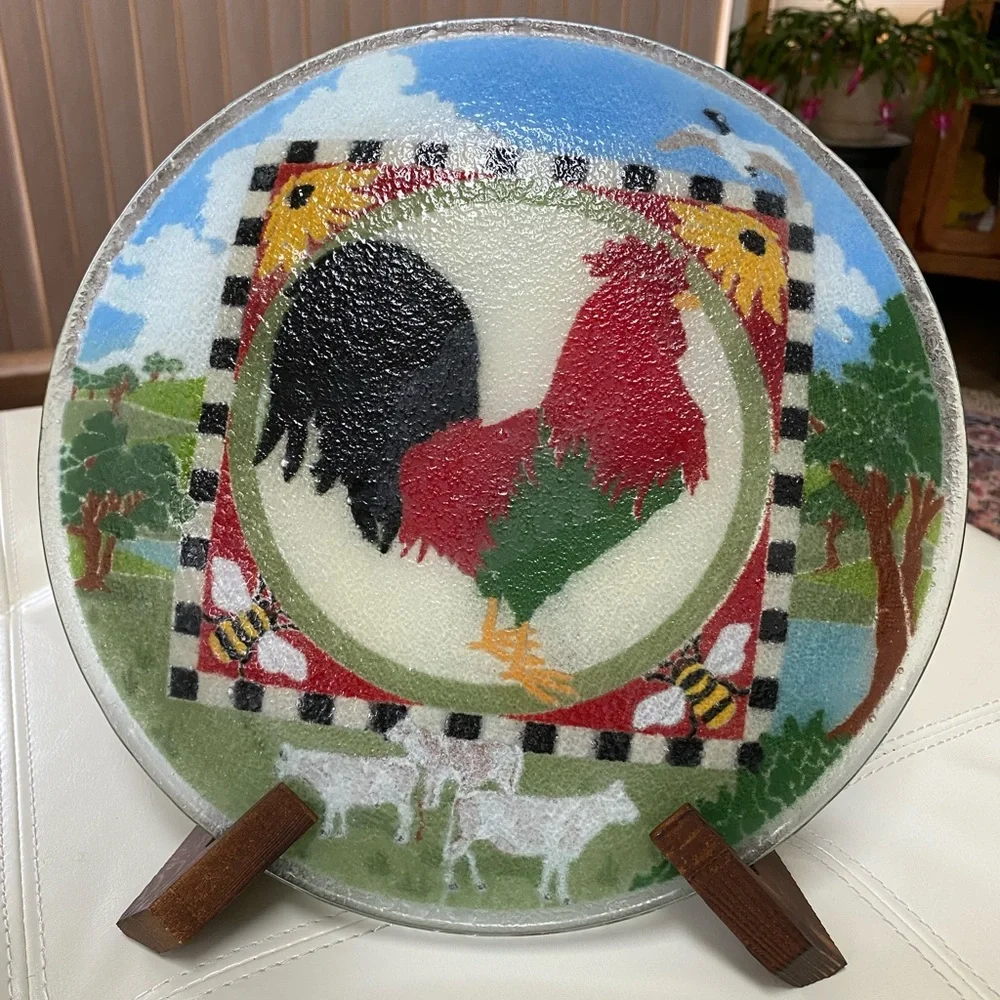 Peggy Karr rooster farmhouse fused glass plate 2000